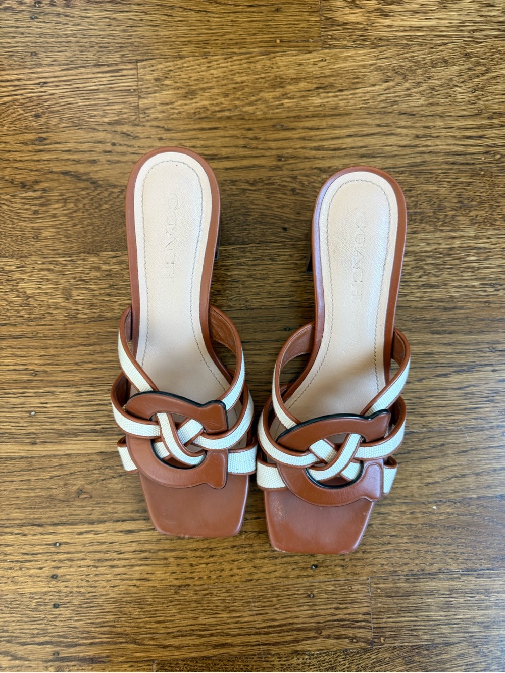 Coach Brown and White Knot-Detail Slide Mules